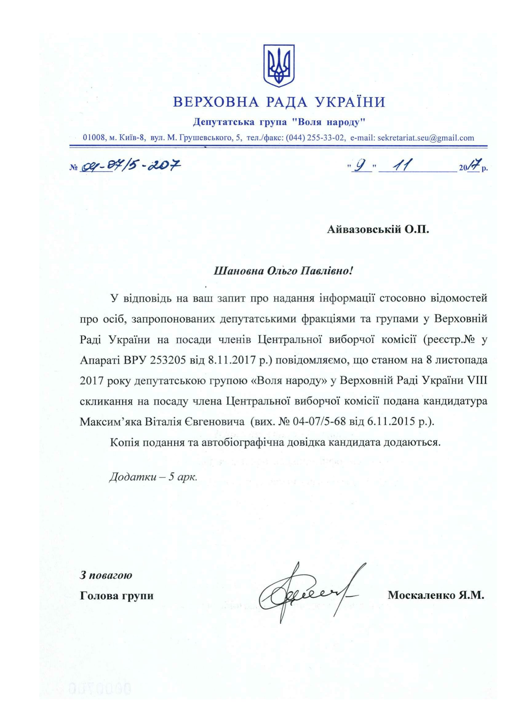 відповідь на запит по ЦВКВоля народу 1
